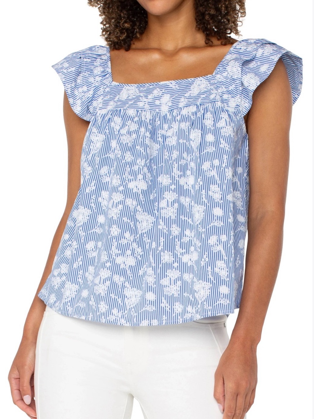 Liverpool Blue Floral Square-Neck Flutter Sleeve Top